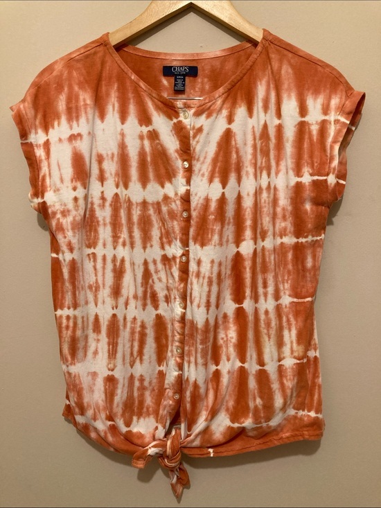 Chaps Tops - Chaps Women's Orange and White Tie-Dye Button-Front Tie-Knot Top